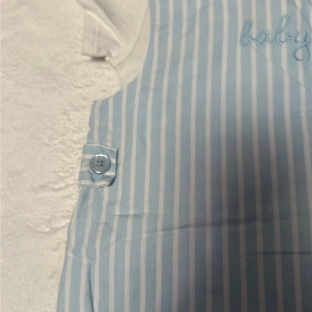 THE CHILDREN’S PLACE BABY LUXURIES BLUE STRIPED BABY ROMPER BODYSUIT HAT 6-12 MO - Picture 3 of 4
